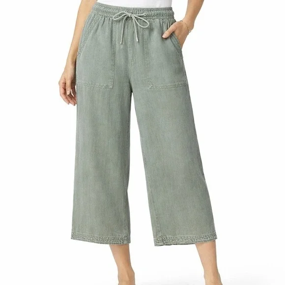 JOIE Green Linen Lyocell Wide Leg Crop Pants Drawstring Elastic Waist L Coastal - Picture 1 of 8